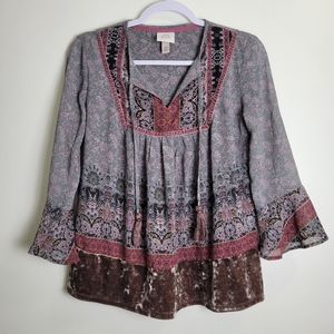KNOX ROSE Whimsigoth Peasant 3/4 Bell Sleeve Velour‎ Mixed-Media Blouse Top XS